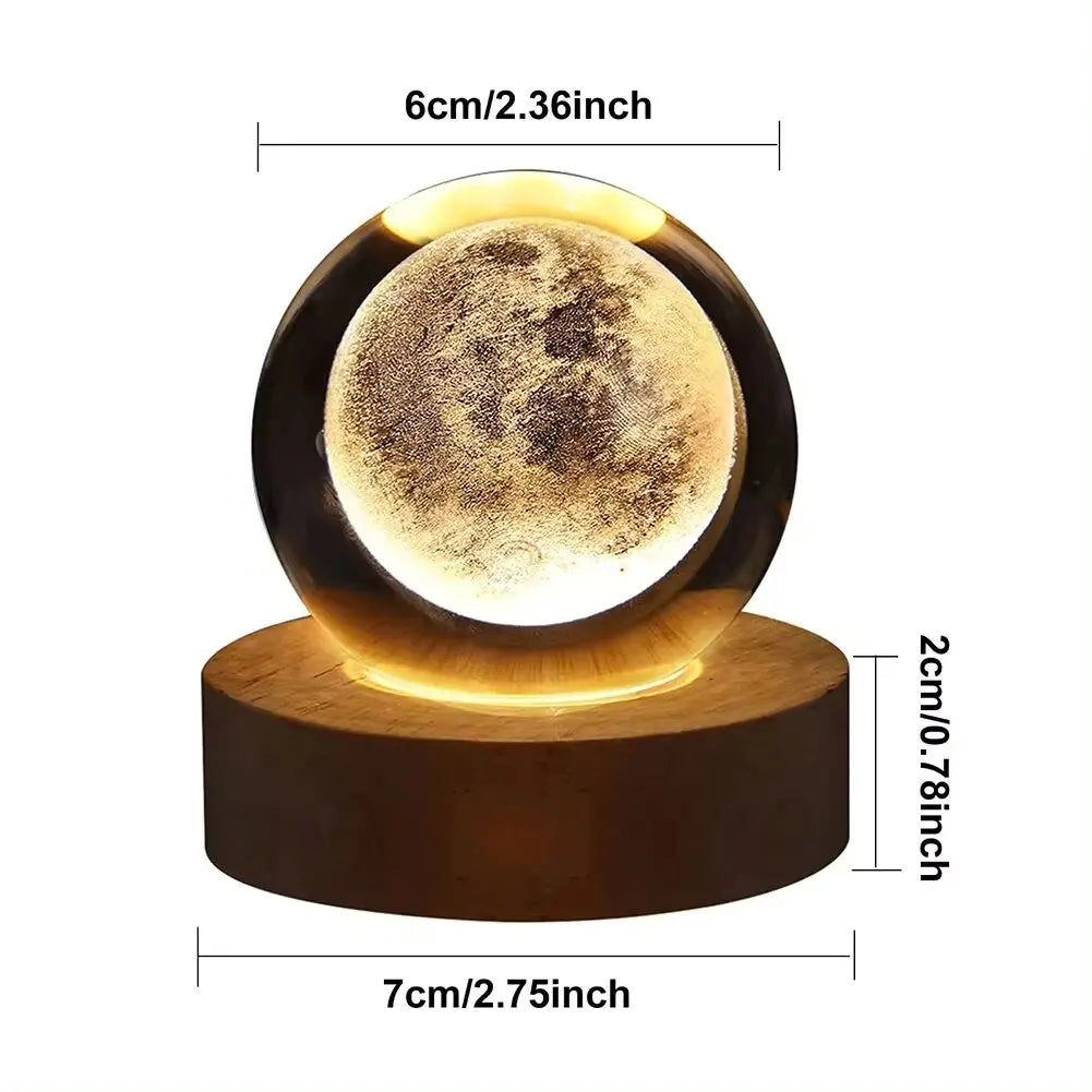 USB Lampara De Cristal Redonda 3D Para Decoracion De Mesa (Luna, Saturno, Galaxia)